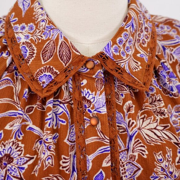 Democracy Collared Button Front Brown Blue Floral Lace Lined Shirt 1X Top Rayon - Picture 2 of 9